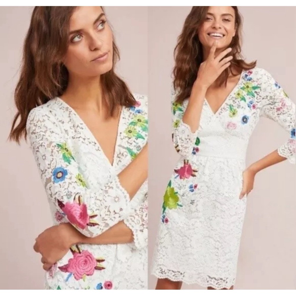 VTG Anthropologie‎ Tracy Reese White Lace Floral Babydoll Dress Y2K Romantic 12P